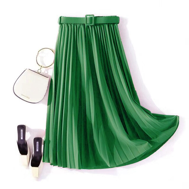 Autumn Summer women vintage elegant midi skirt with belt 2020 Women high waist pleated skirts womens lady Casual skirts female