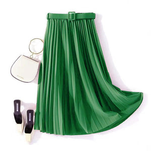 Autumn Summer women vintage elegant midi skirt with belt 2020 Women high waist pleated skirts womens lady Casual skirts female