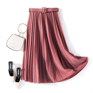 Autumn Summer women vintage elegant midi skirt with belt 2020 Women high waist pleated skirts womens lady Casual skirts female