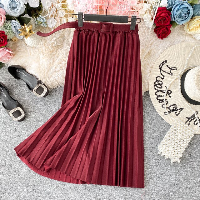 Autumn Summer women vintage elegant midi skirt with belt 2020 Women high waist pleated skirts womens lady Casual skirts female