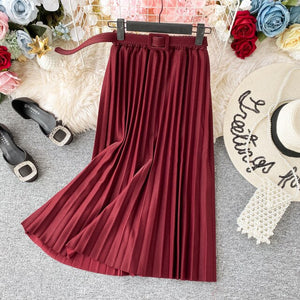 Autumn Summer women vintage elegant midi skirt with belt 2020 Women high waist pleated skirts womens lady Casual skirts female