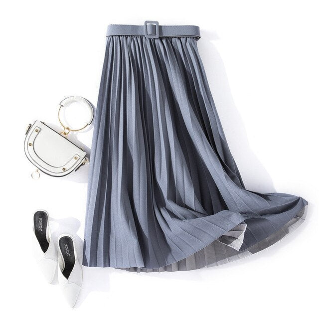 Autumn Summer women vintage elegant midi skirt with belt 2020 Women high waist pleated skirts womens lady Casual skirts female