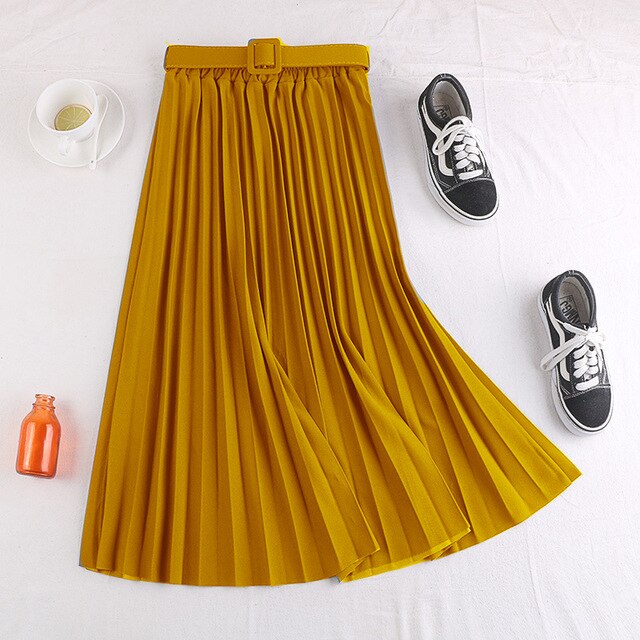 Autumn Summer women vintage elegant midi skirt with belt 2020 Women high waist pleated skirts womens lady Casual skirts female
