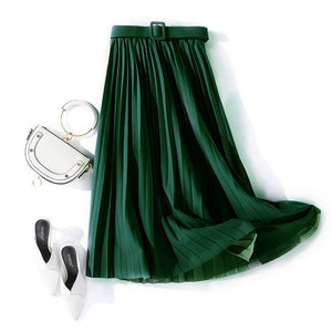 Autumn Summer women vintage elegant midi skirt with belt 2020 Women high waist pleated skirts womens lady Casual skirts female