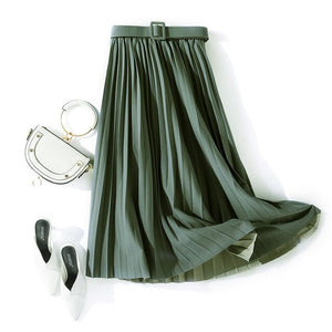 Autumn Summer women vintage elegant midi skirt with belt 2020 Women high waist pleated skirts womens lady Casual skirts female