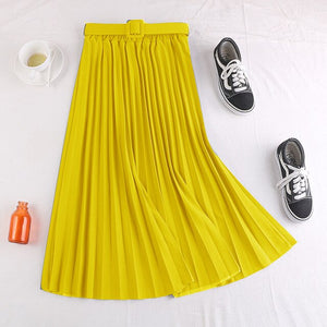 Autumn Summer women vintage elegant midi skirt with belt 2020 Women high waist pleated skirts womens lady Casual skirts female