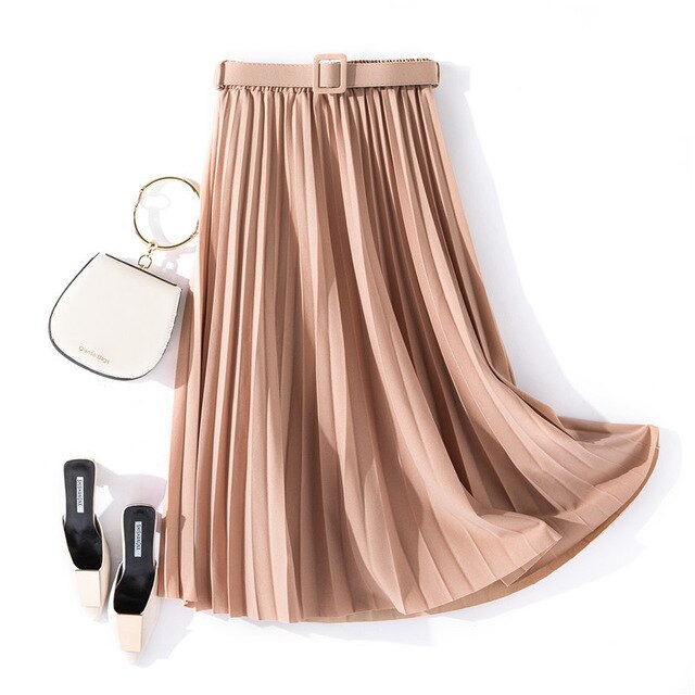 Autumn Summer women vintage elegant midi skirt with belt 2020 Women high waist pleated skirts womens lady Casual skirts female