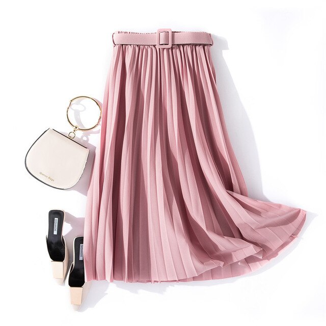 Autumn Summer women vintage elegant midi skirt with belt 2020 Women high waist pleated skirts womens lady Casual skirts female