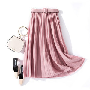 Autumn Summer women vintage elegant midi skirt with belt 2020 Women high waist pleated skirts womens lady Casual skirts female