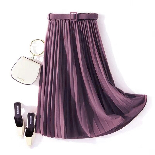Autumn Summer women vintage elegant midi skirt with belt 2020 Women high waist pleated skirts womens lady Casual skirts female