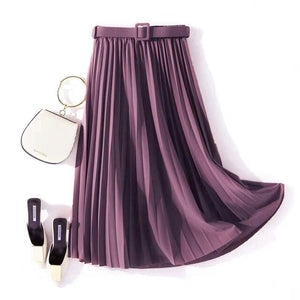 Autumn Summer women vintage elegant midi skirt with belt 2020 Women high waist pleated skirts womens lady Casual skirts female