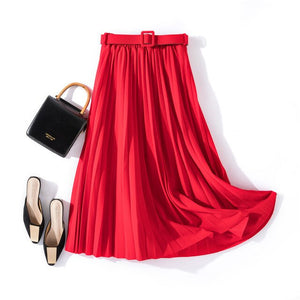 Autumn Summer women vintage elegant midi skirt with belt 2020 Women high waist pleated skirts womens lady Casual skirts female