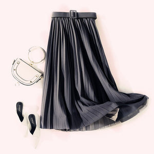 Autumn Summer women vintage elegant midi skirt with belt 2020 Women high waist pleated skirts womens lady Casual skirts female