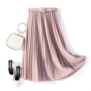 Autumn Summer women vintage elegant midi skirt with belt 2020 Women high waist pleated skirts womens lady Casual skirts female