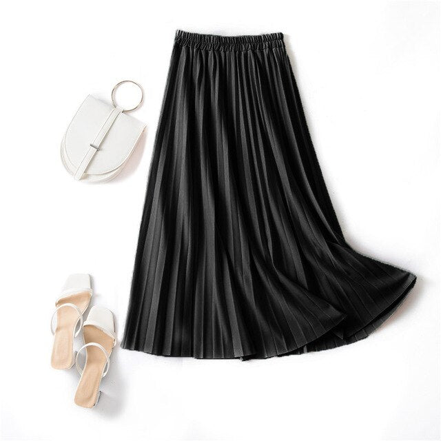 Autumn Summer women vintage elegant midi skirt with belt 2020 Women high waist pleated skirts womens lady Casual skirts female