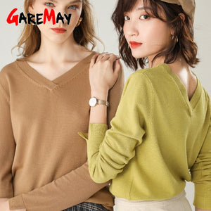 Autumn Winter Women Pullovers Sweater Knitted Elasticity Casual Long Sleeves Knit Jumper Loose V-neck Slim Warm Female Sweaters