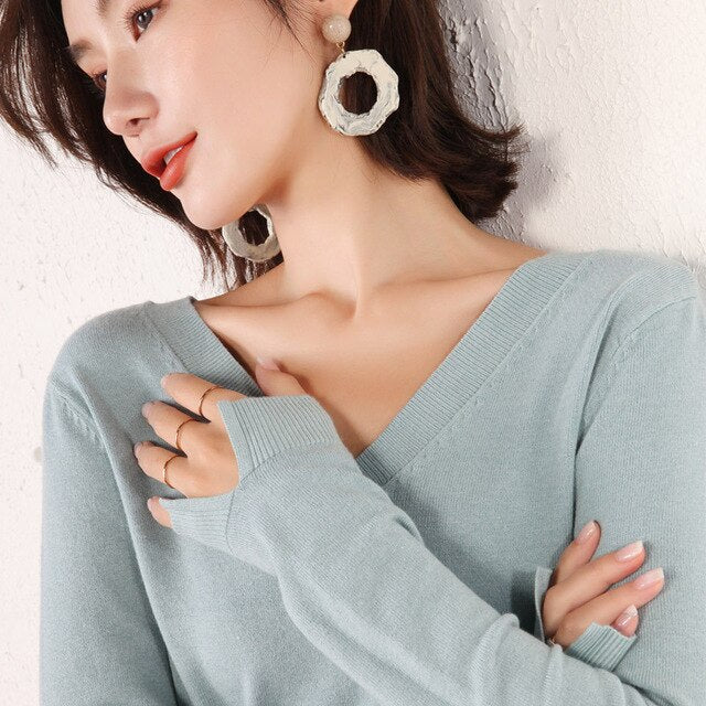 Autumn Winter Women Pullovers Sweater Knitted Elasticity Casual Long Sleeves Knit Jumper Loose V-neck Slim Warm Female Sweaters