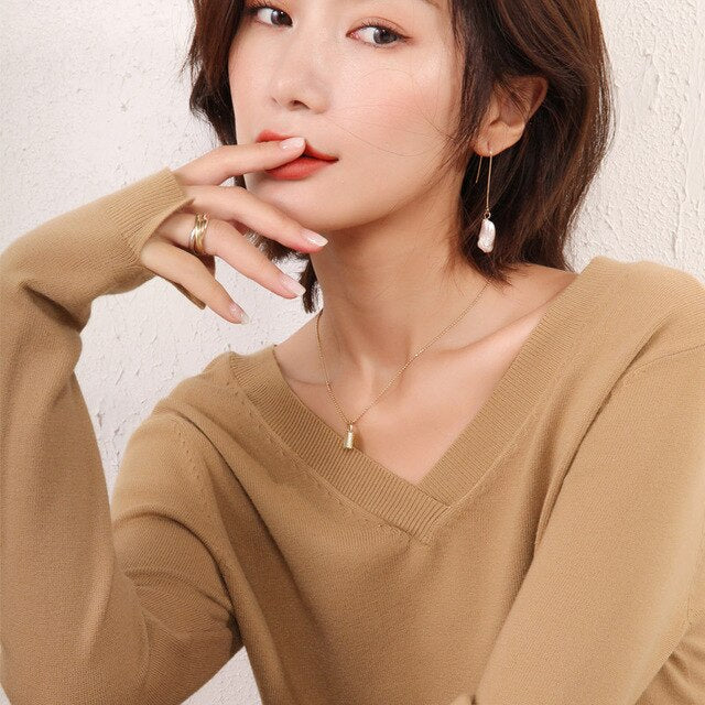 Autumn Winter Women Pullovers Sweater Knitted Elasticity Casual Long Sleeves Knit Jumper Loose V-neck Slim Warm Female Sweaters
