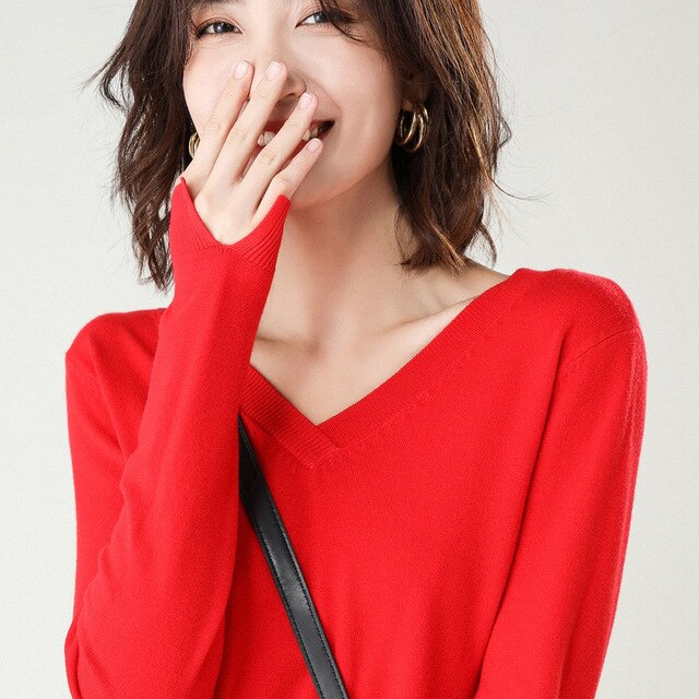 Autumn Winter Women Pullovers Sweater Knitted Elasticity Casual Long Sleeves Knit Jumper Loose V-neck Slim Warm Female Sweaters