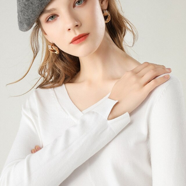 Autumn Winter Women Pullovers Sweater Knitted Elasticity Casual Long Sleeves Knit Jumper Loose V-neck Slim Warm Female Sweaters