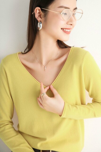 Women Autumn Winter Knitting Sweater Solid Casual Long-sleeved V Neck Warm Wool Pullover Winter Ladies Bottoming Knitted Tops