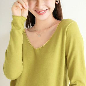 Women Autumn Winter Knitting Sweater Solid Casual Long-sleeved V Neck Warm Wool Pullover Winter Ladies Bottoming Knitted Tops