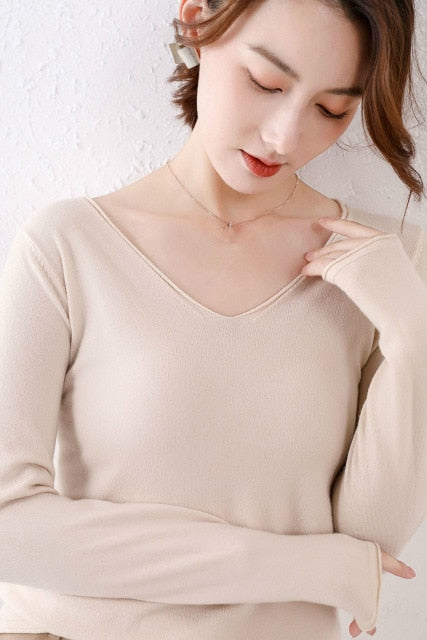 Women Autumn Winter Knitting Sweater Solid Casual Long-sleeved V Neck Warm Wool Pullover Winter Ladies Bottoming Knitted Tops