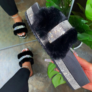 Faux Fur Slides Women Furry Fox Fur Sandals For Woman Female Indoor Shoes Fluffy Plush With Fur Slippers Flip Flops Size 36-45