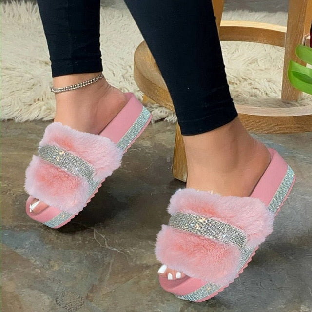 Faux Fur Slides Women Furry Fox Fur Sandals For Woman Female Indoor Shoes Fluffy Plush With Fur Slippers Flip Flops Size 36-45