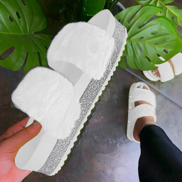 Faux Fur Slides Women Furry Fox Fur Sandals For Woman Female Indoor Shoes Fluffy Plush With Fur Slippers Flip Flops Size 36-45
