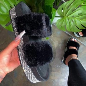Faux Fur Slides Women Furry Fox Fur Sandals For Woman Female Indoor Shoes Fluffy Plush With Fur Slippers Flip Flops Size 36-45