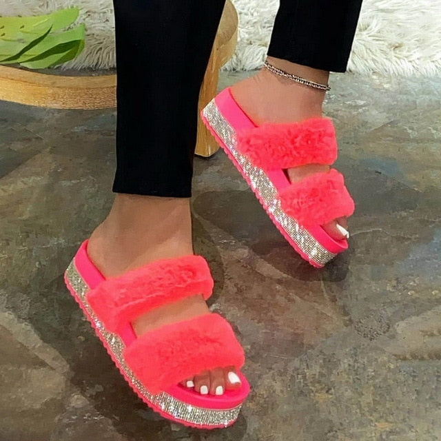 Faux Fur Slides Women Furry Fox Fur Sandals For Woman Female Indoor Shoes Fluffy Plush With Fur Slippers Flip Flops Size 36-45