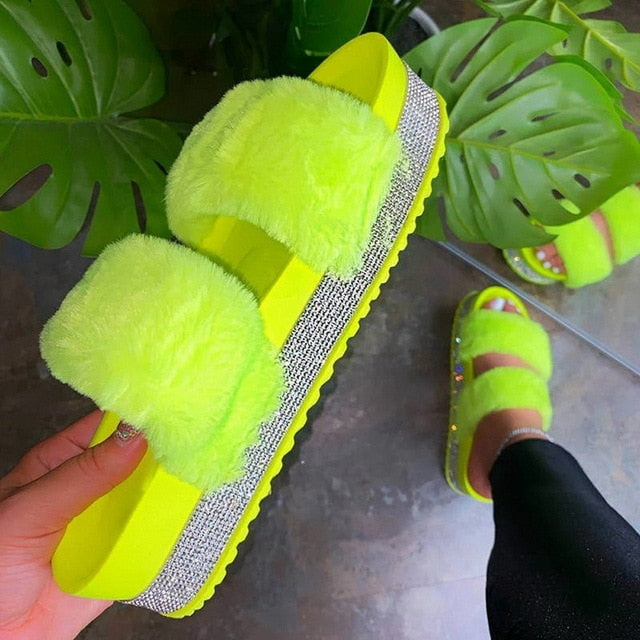 Faux Fur Slides Women Furry Fox Fur Sandals For Woman Female Indoor Shoes Fluffy Plush With Fur Slippers Flip Flops Size 36-45