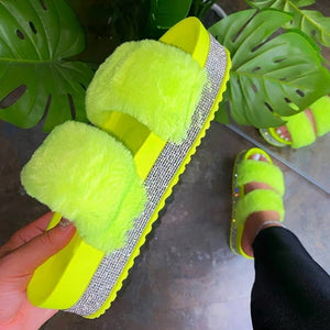 Faux Fur Slides Women Furry Fox Fur Sandals For Woman Female Indoor Shoes Fluffy Plush With Fur Slippers Flip Flops Size 36-45
