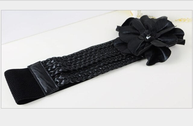 new womens wide belts Woven flower point drill elastic elastic waist gauze ladies pu leather ladies elastic band twotwinstyle