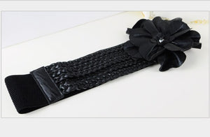 new womens wide belts Woven flower point drill elastic elastic waist gauze ladies pu leather ladies elastic band twotwinstyle