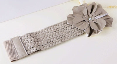 new womens wide belts Woven flower point drill elastic elastic waist gauze ladies pu leather ladies elastic band twotwinstyle