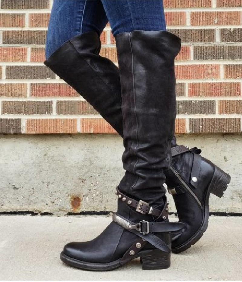 Buckle Zipper Shoes Women Boots Low Heels Knee High Boots 2019Vintage PU Leather Booties Rivets  Mujer Zapatos Botas Mujer