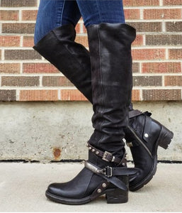 Buckle Zipper Shoes Women Boots Low Heels Knee High Boots 2019Vintage PU Leather Booties Rivets  Mujer Zapatos Botas Mujer