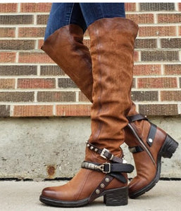 Buckle Zipper Shoes Women Boots Low Heels Knee High Boots 2019Vintage PU Leather Booties Rivets  Mujer Zapatos Botas Mujer