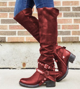 Buckle Zipper Shoes Women Boots Low Heels Knee High Boots 2019Vintage PU Leather Booties Rivets  Mujer Zapatos Botas Mujer