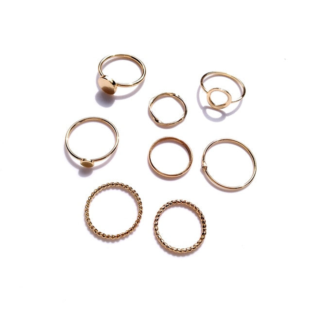 New Trendy Gold Color Round Hollow Rings Set For Women Metal Geometry Circular Punk Ring Charm Joint Ring Fashion Jewelry Gift