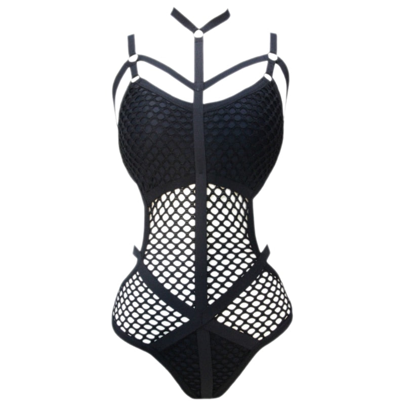 Black Sheer Knit Net Mesh Women Swimwear One Piece Swimsuit Female Bather Bathing Suit Swim Halter Drop shipping