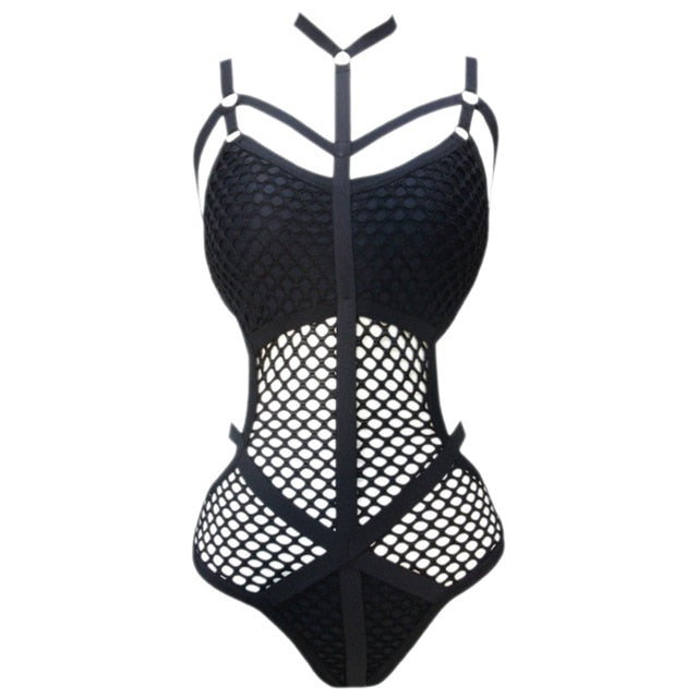 Black Sheer Knit Net Mesh Women Swimwear One Piece Swimsuit Female Bather Bathing Suit Swim Halter Drop shipping