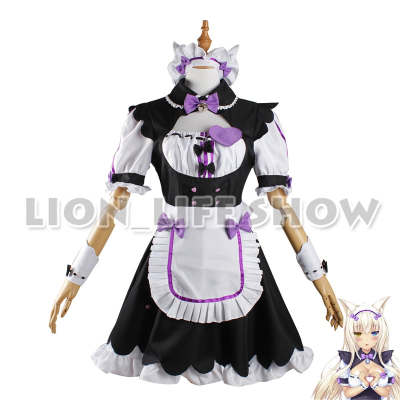 Womens NEKOPARA Chocola Vanilla Maid Cosplay Costume Sexy Cute Dress Full Set