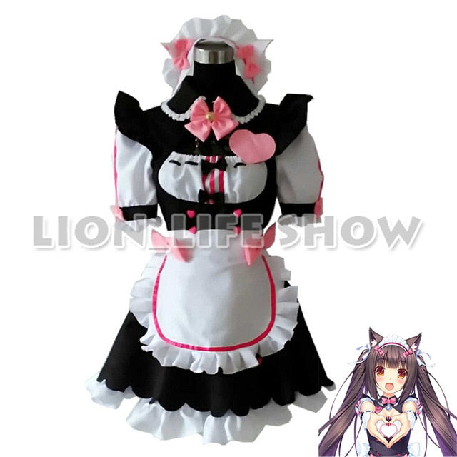 Womens NEKOPARA Chocola Vanilla Maid Cosplay Costume Sexy Cute Dress Full Set