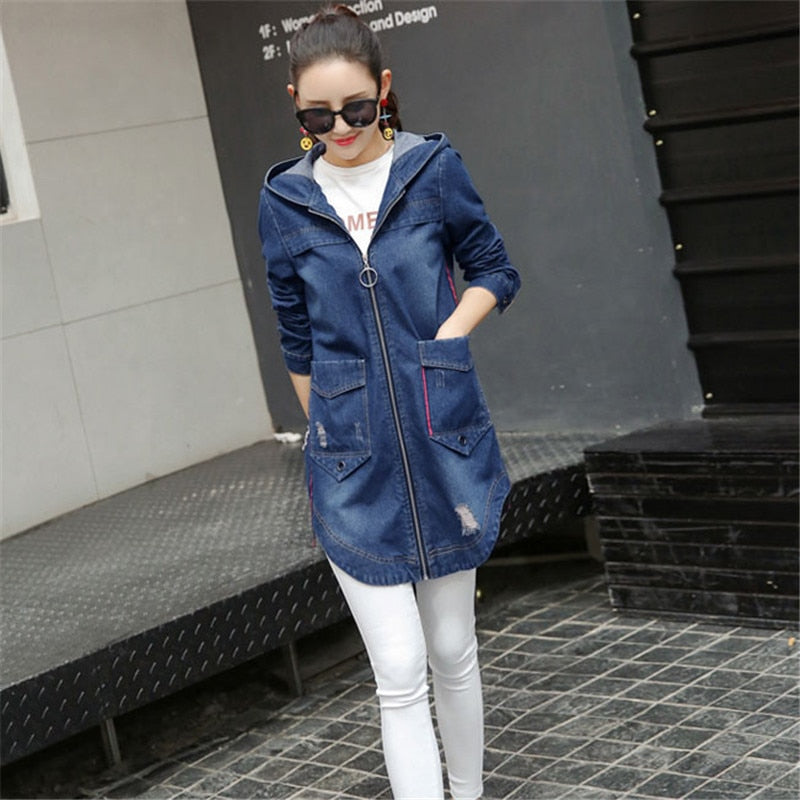 Summer women denim outerwear 2018 new Slim cowboy jacket women's medium long hooded large size ladies windbreaker CW350