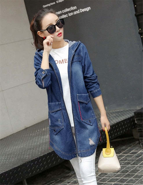 Summer women denim outerwear 2018 new Slim cowboy jacket women's medium long hooded large size ladies windbreaker CW350