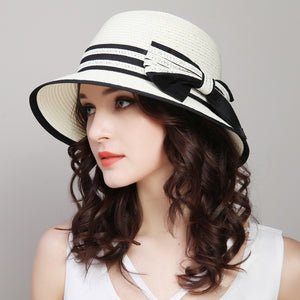 Muchique Boater Hats for Women Summer Sun Straw Hat Wide Brim Beach Hats Girl Outside Travel Straw Cap Casual Bow Hat B-7847