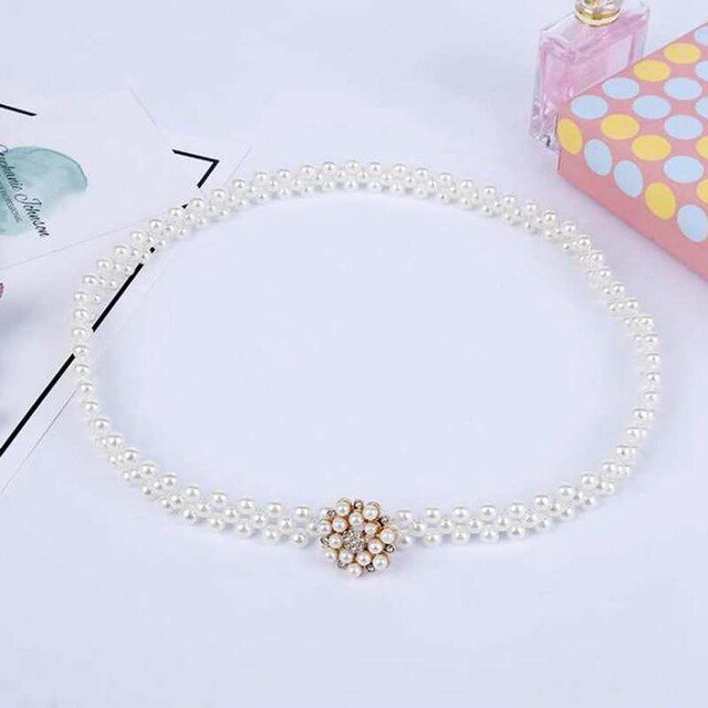 Elegant Women Pearl Belt Waist Belt Elastic Buckle Pearl Chain Belt Female Girls Dress Crystal Strap